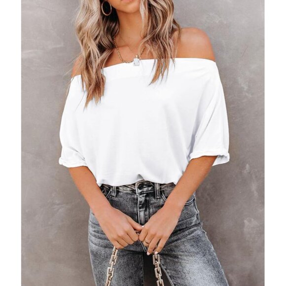 Womens Off Shoulder Shirt Summer Casual Loose Short Sleeve Top - Picture 3 of 5